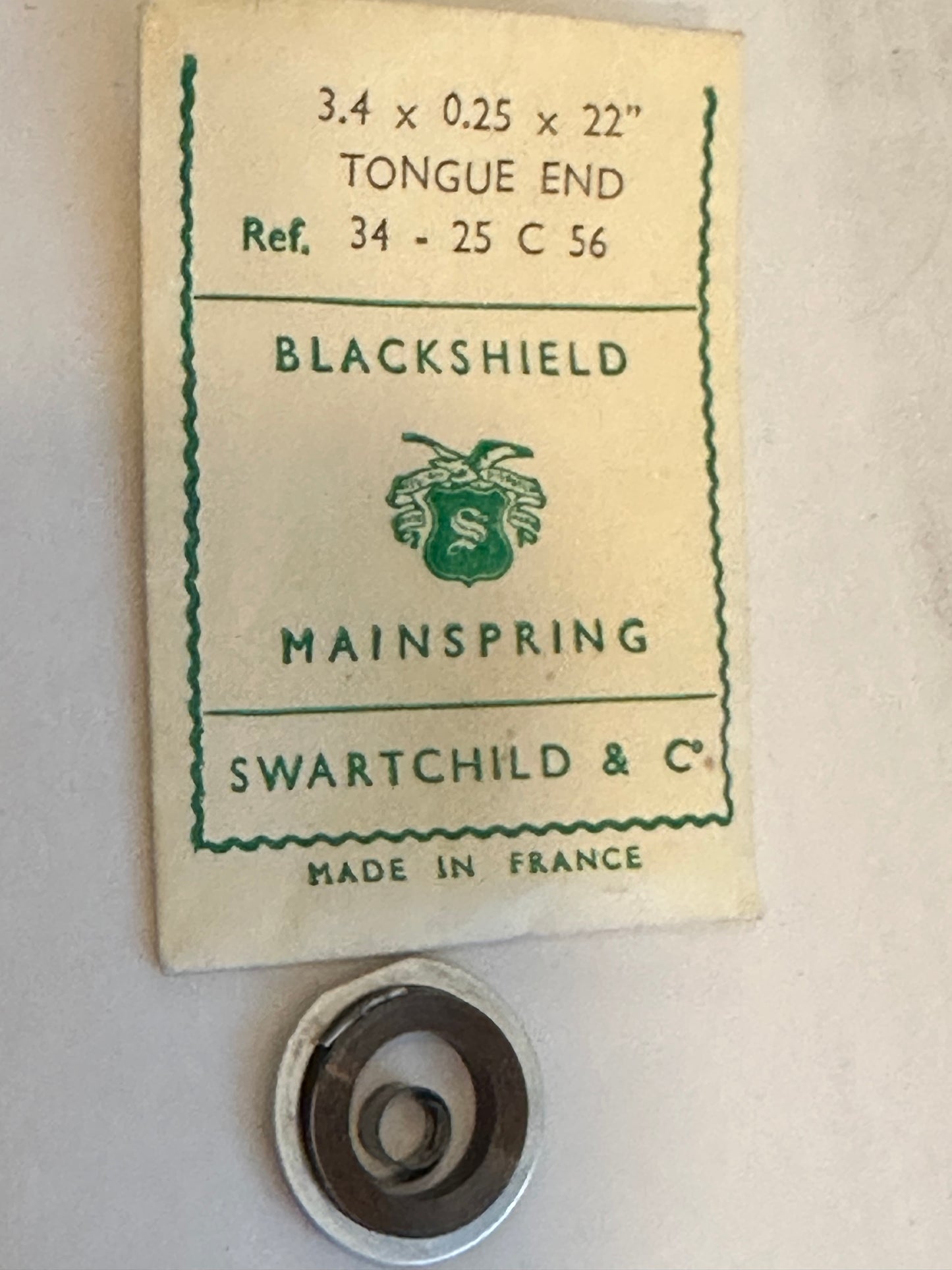 Swartchild Black Shield Clock Mainspring 3.4 x .25 mm x 22" Ref 34-25 C 56