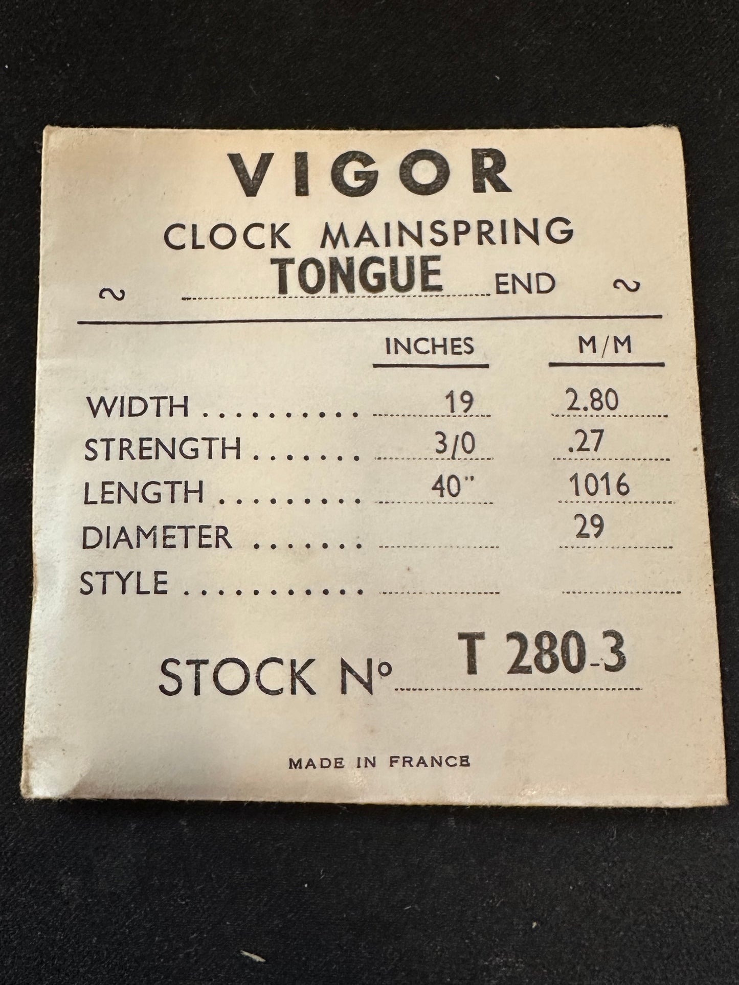 Vigor TONGUE End Clock Mainspring - 19 x 3/0 x 40" Long - T 280.3