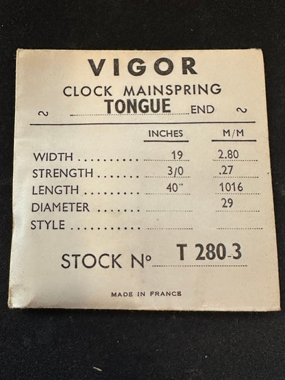 Vigor TONGUE End Clock Mainspring - 19 x 3/0 x 40" Long - T 280.3