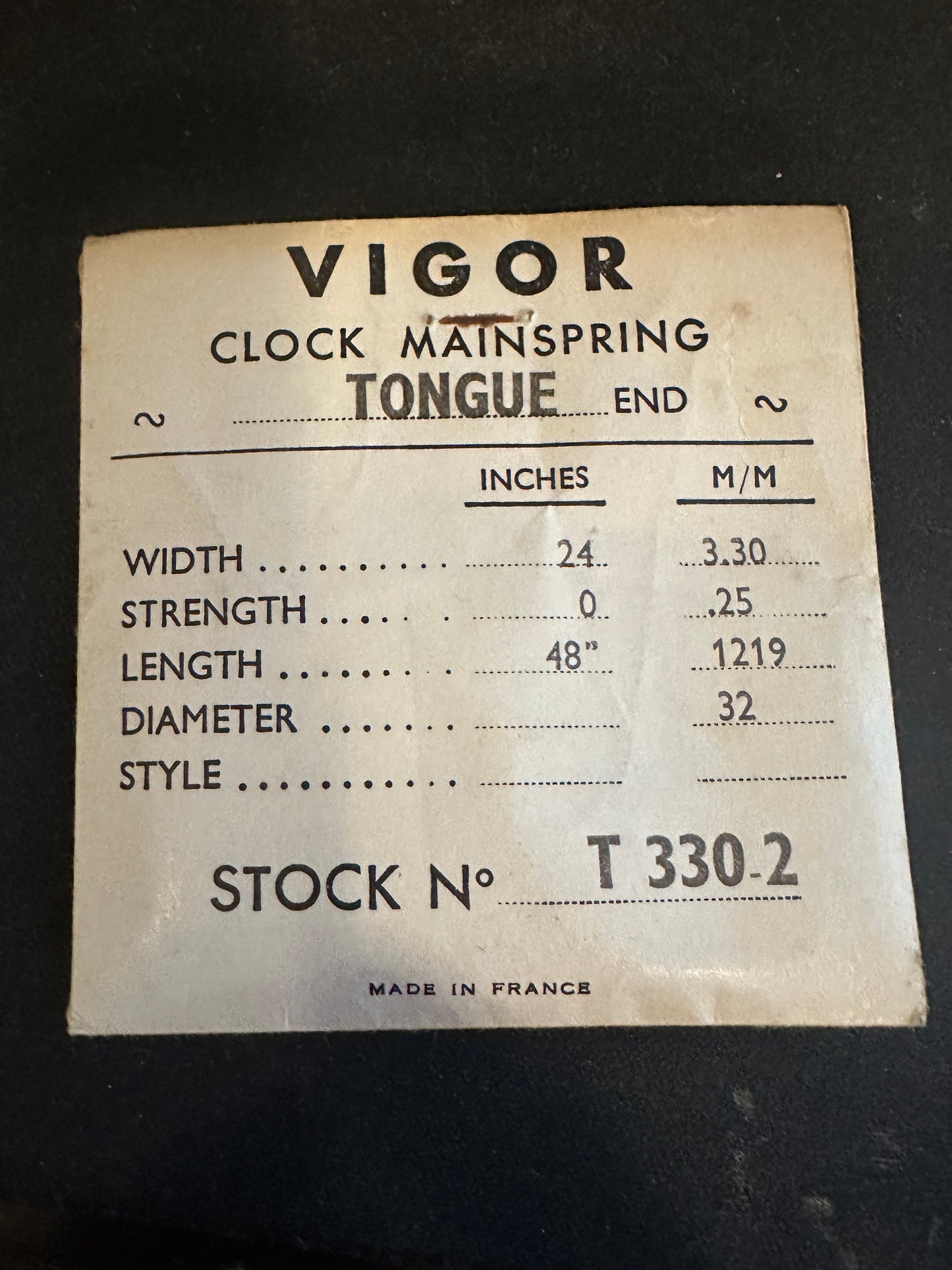 Vigor TONGUE End Clock Mainspring - 24 x 0 x 48" Long - T 330-2