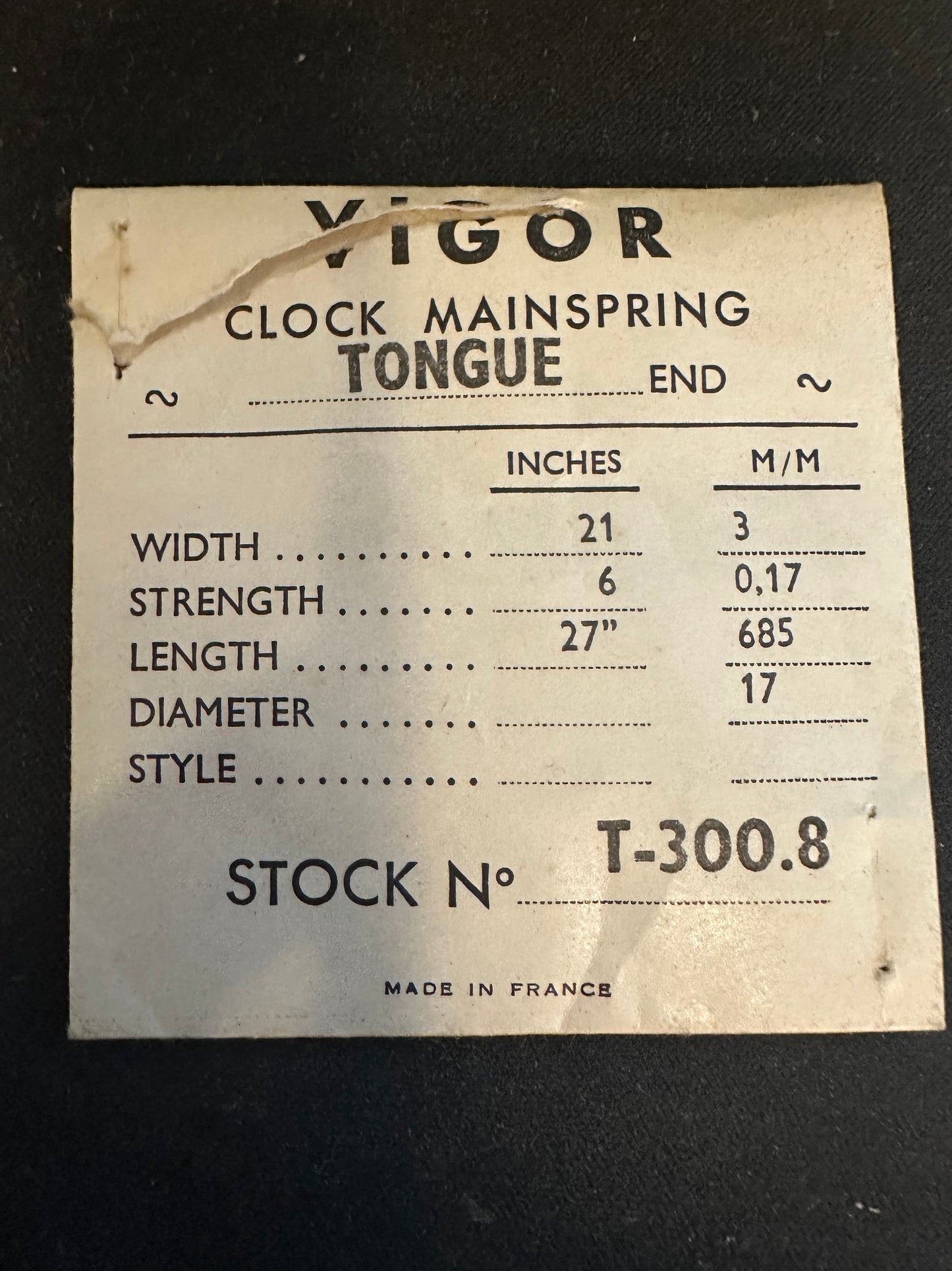 Vigor TONGUE End Clock Mainspring - 21 x 6 x 27" Long - T 300.8