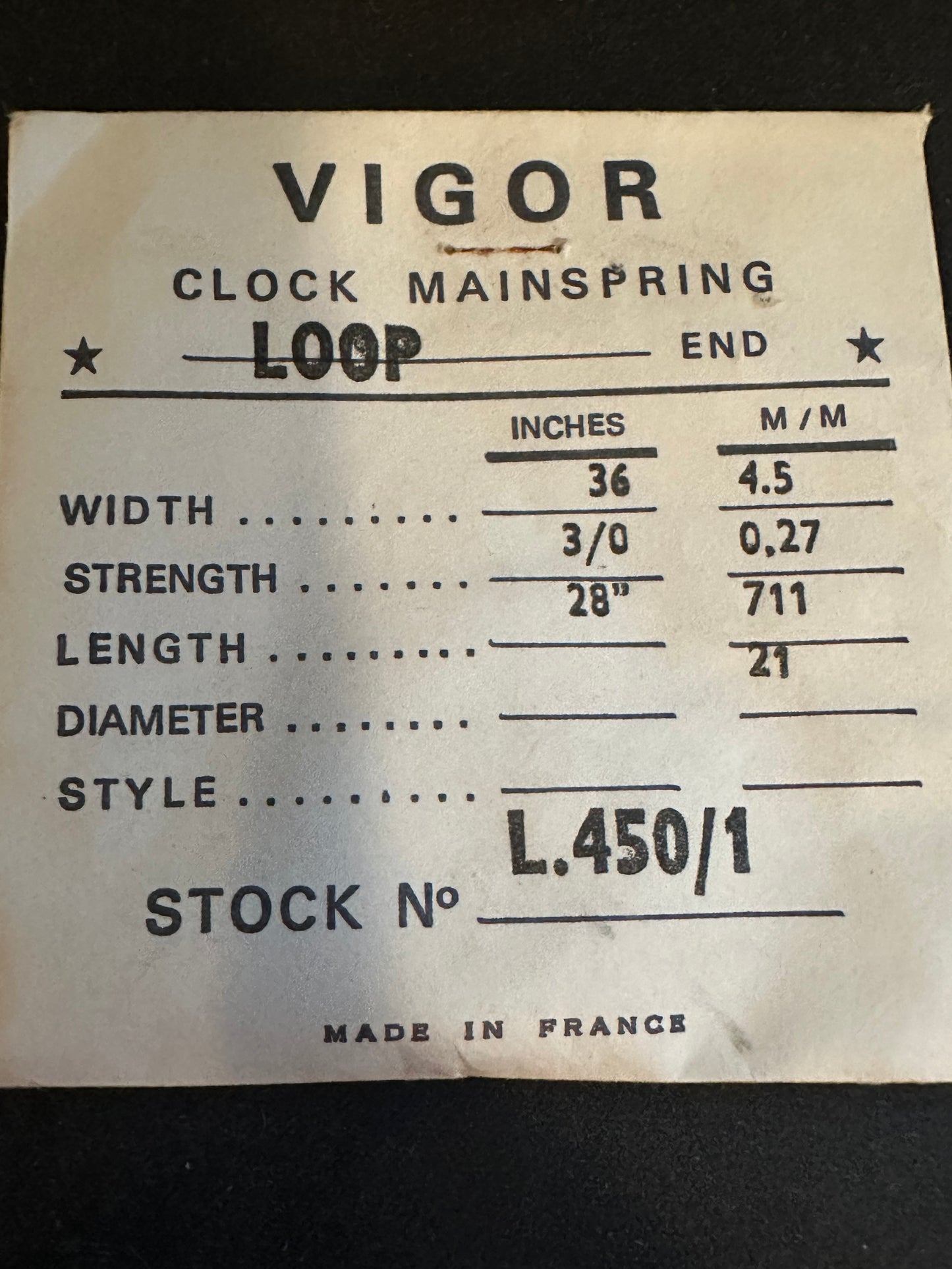 Vigor Open Loop Clock Mainspring - 36 x 3/0 x 28" Long - L 450/1