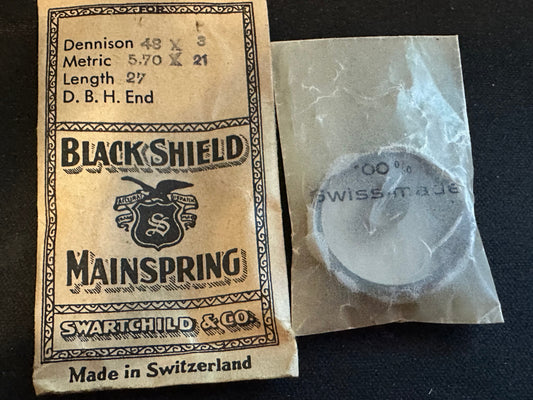 Swartchild Black Shield Clock Mainspring 5.6 x .21 mm x 27" DB&H end - Steel
