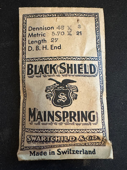 Swartchild Black Shield Clock Mainspring 5.6 x .21 mm x 27" DB&H end - Steel