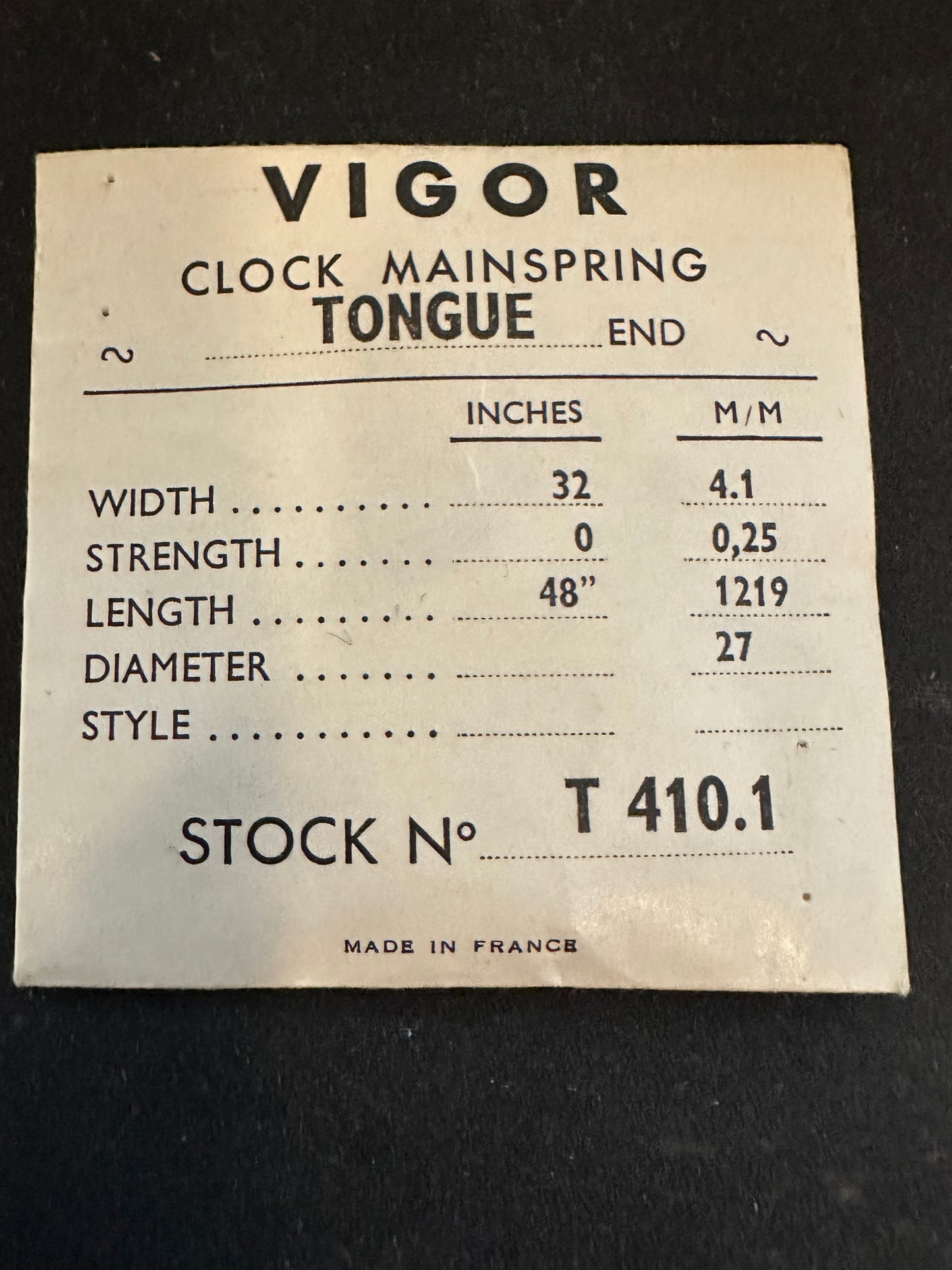 Vigor TONGUE End Clock Mainspring - 32 x 0 x 48" Long - T 410.1