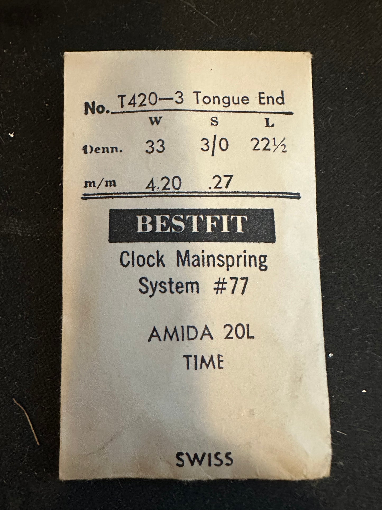 BESTFIT Clock TIME Mainspring for Amida 20 Ligne Alarm Clock No. T420-3