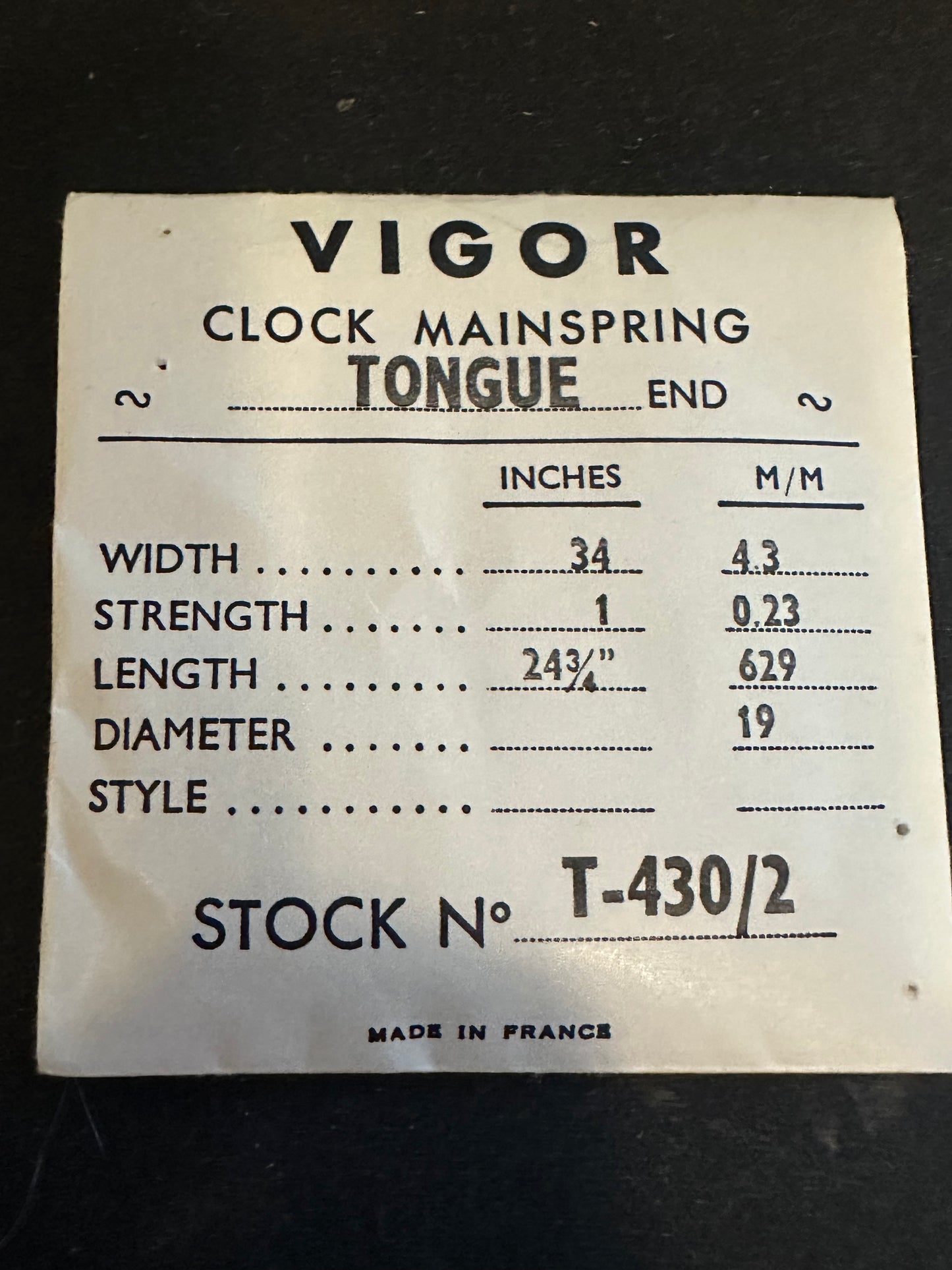 Vigor TONGUE End Clock Mainspring - 34 x 1 x 24¾" Long - T 430/2