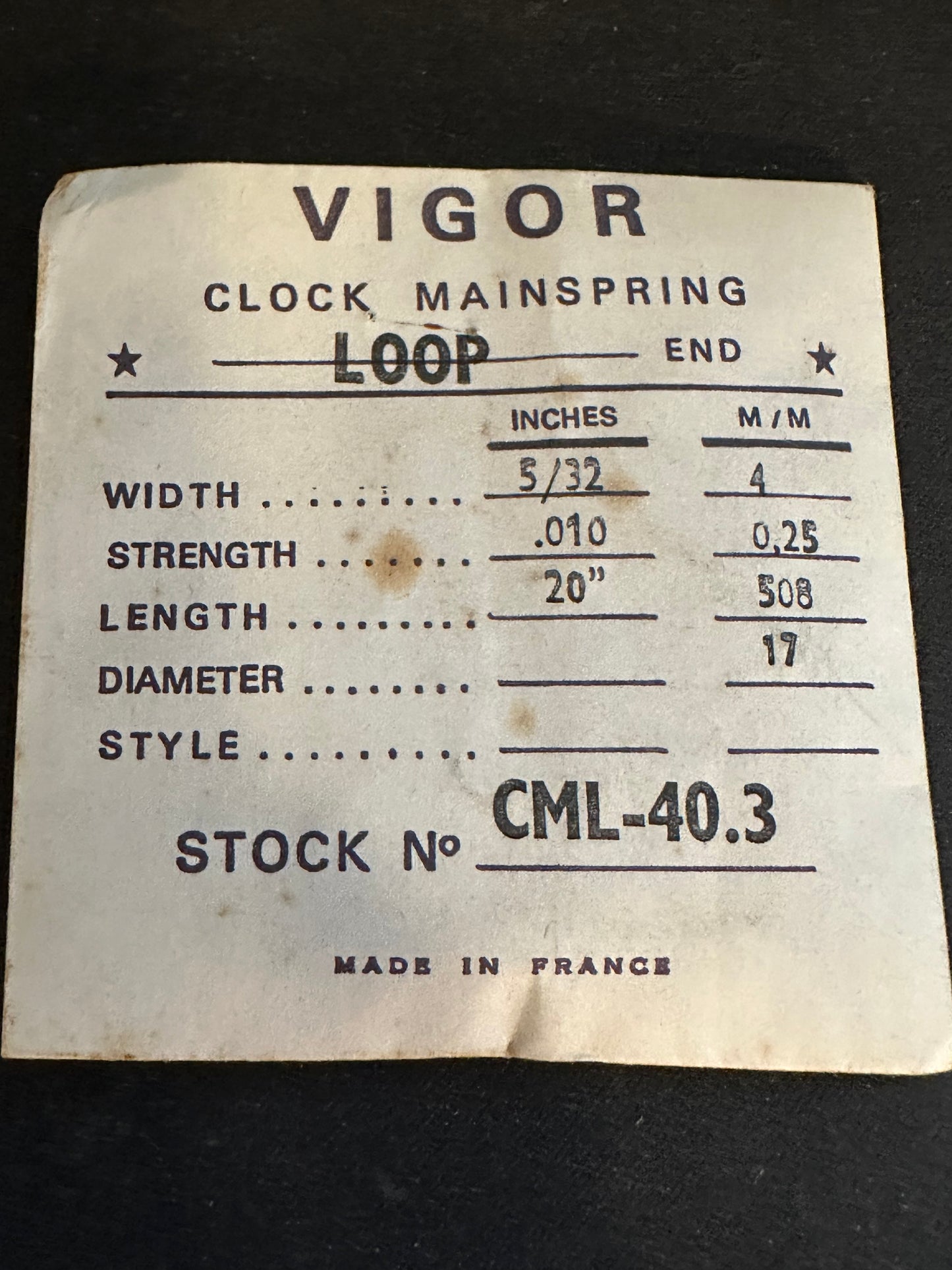Vigor Loop Clock Mainspring - 5/32" x .010" x 20" Long - CML 40.3