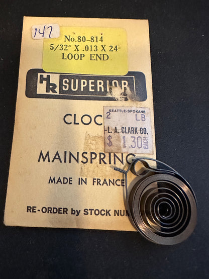 HR Superior Loop End Clock Mainspring - 5/32" x .013 x 24" Long - No. 80-814