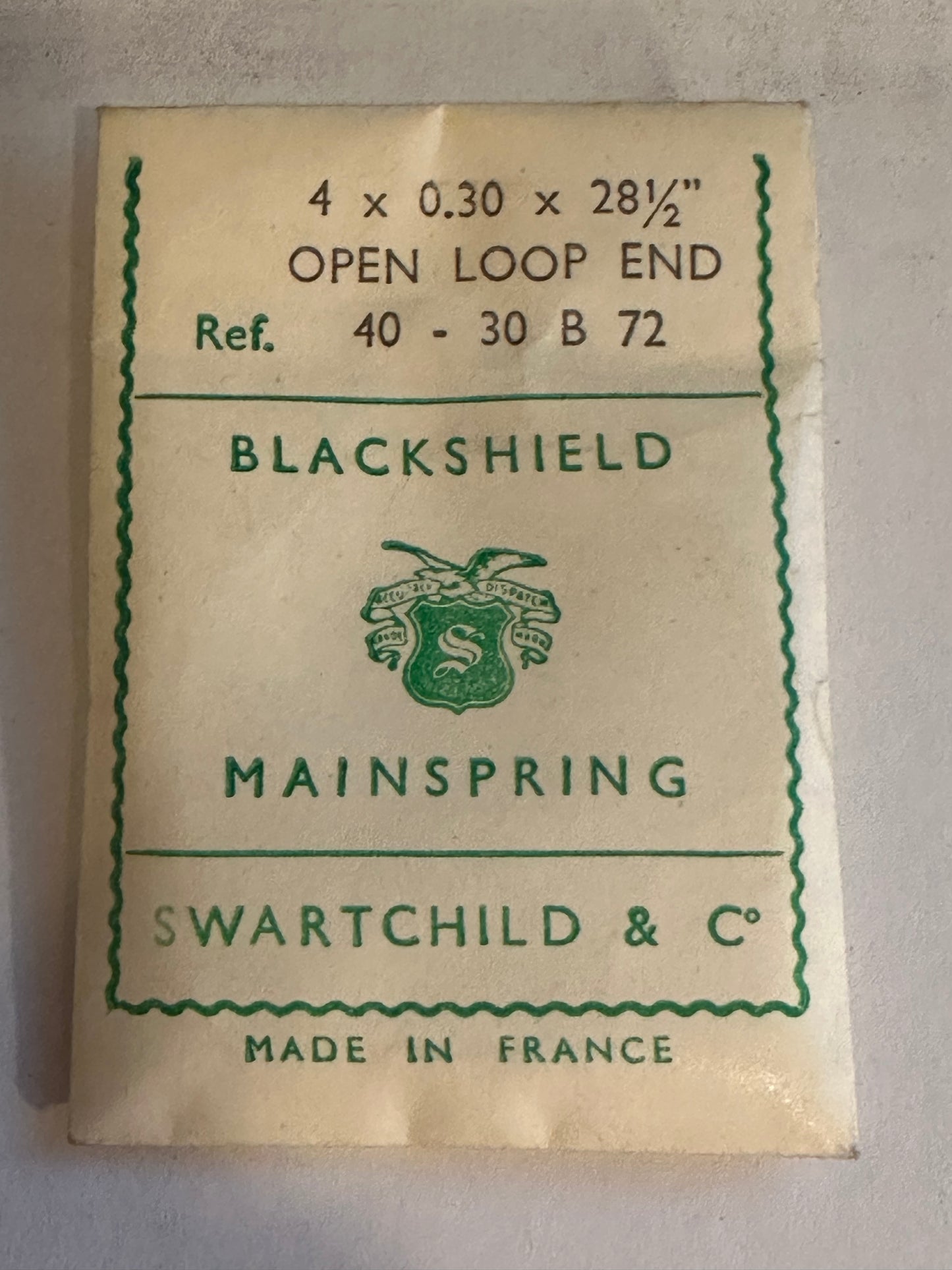 Swartchild Black Shield Clock Mainspring 4.0 x .30 mm x 28½" Ref 40-30 B 72
