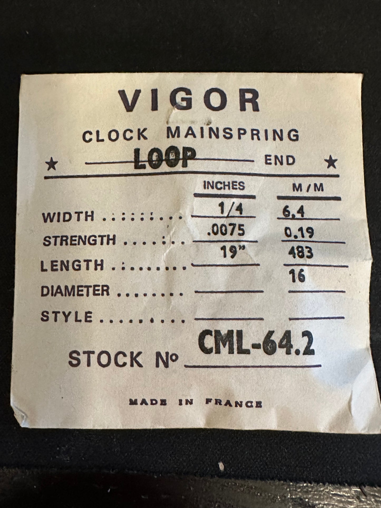 Vigor Loop Clock Mainspring - 1/4" x .0075" x 19" Long - CML 64.2