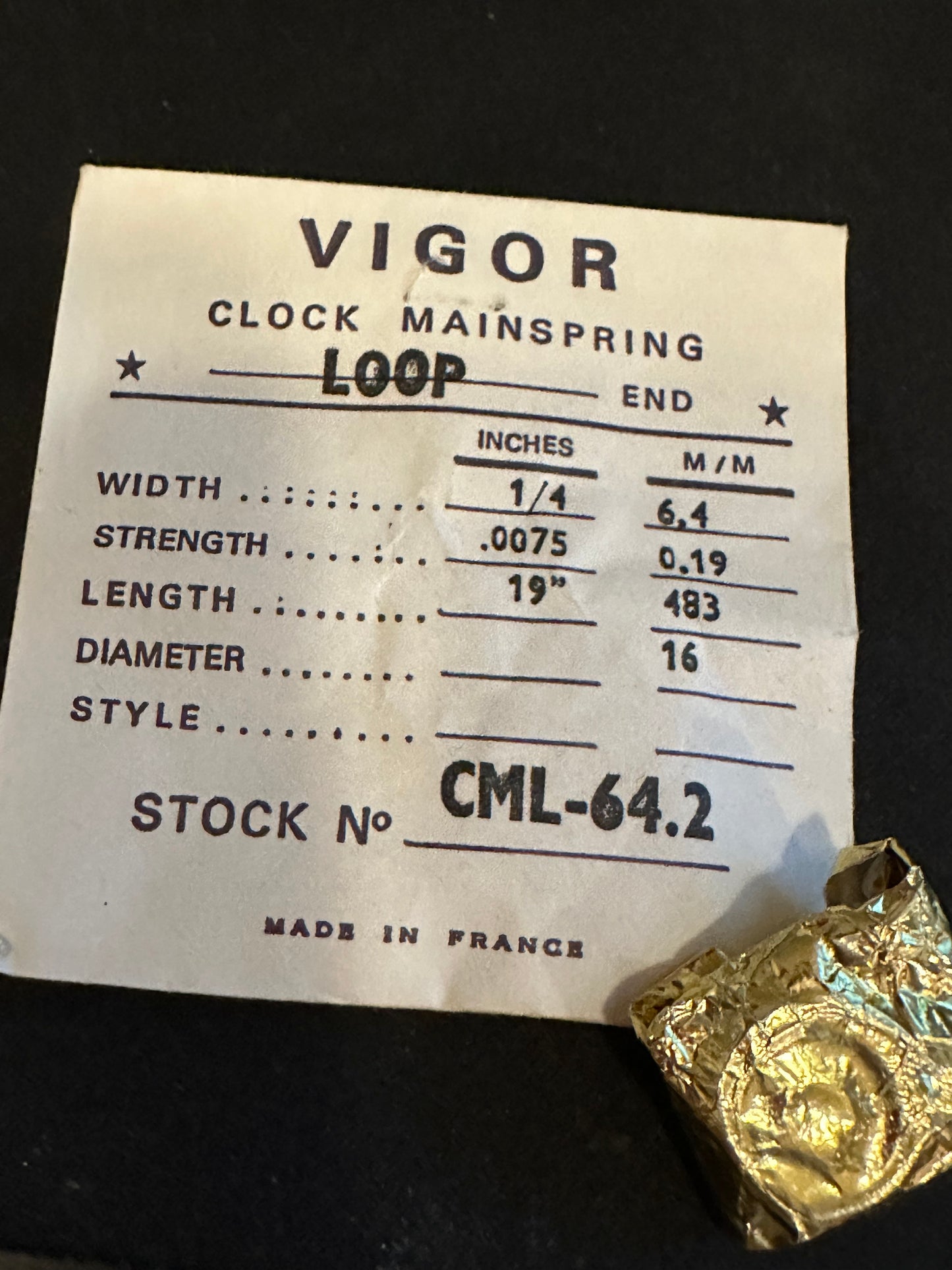 Vigor Loop Clock Mainspring - 1/4" x .0075" x 19" Long - CML 64.2