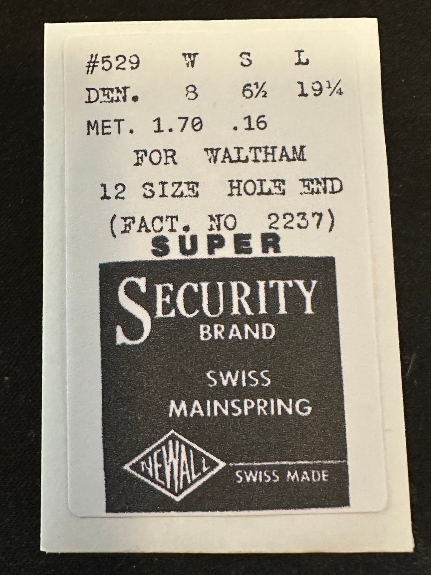 Newall SUPER Security Mainspring #529 for Waltham 12s Colonial No. 2237 - Alloy