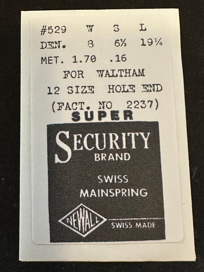 Newall SUPER Security Mainspring #529 for Waltham 12s Colonial No. 2237 - Alloy