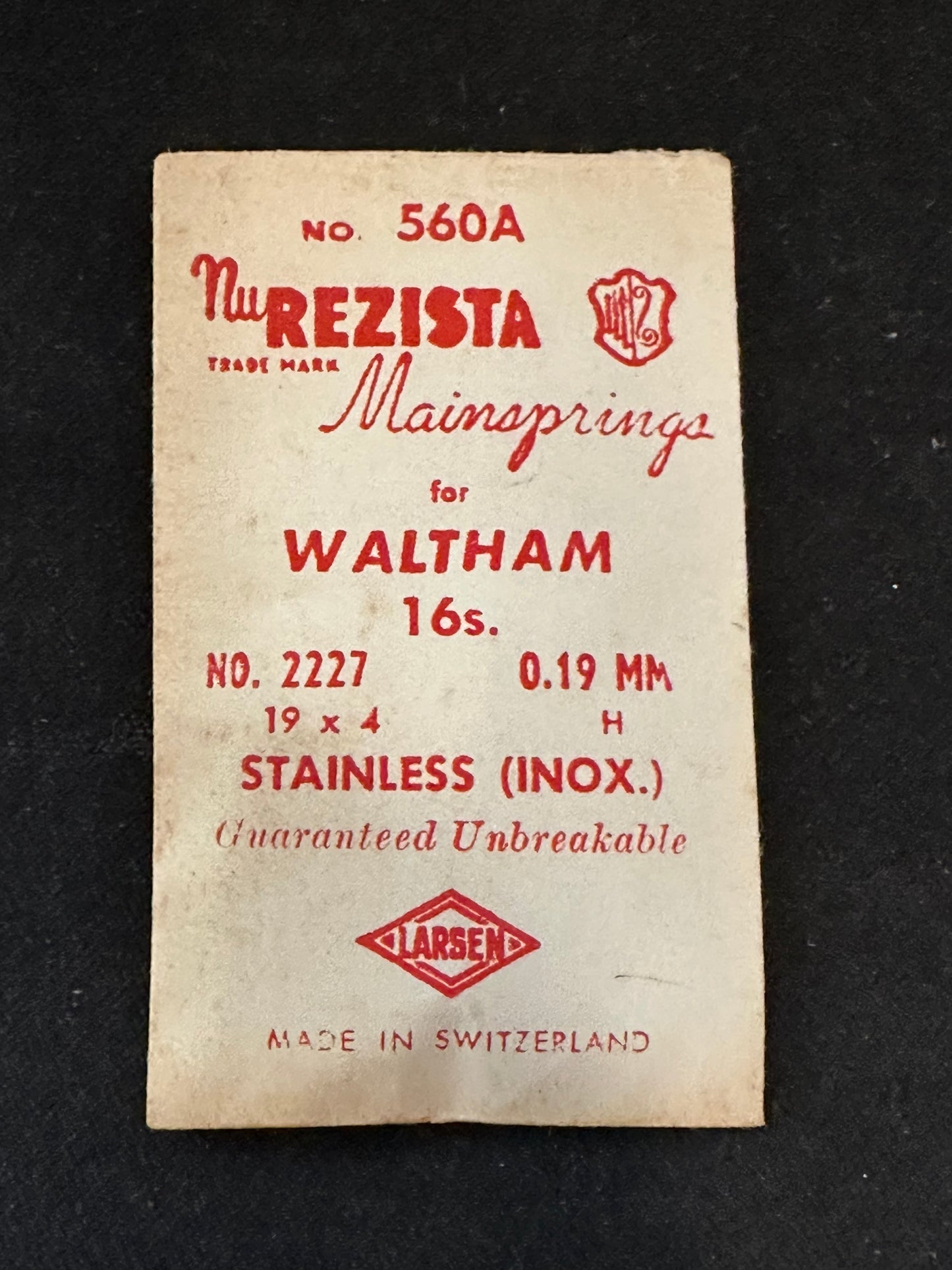 NuREZISTA Mainspring #560A for Waltham 16s movements Factory No. 2227 - Alloy