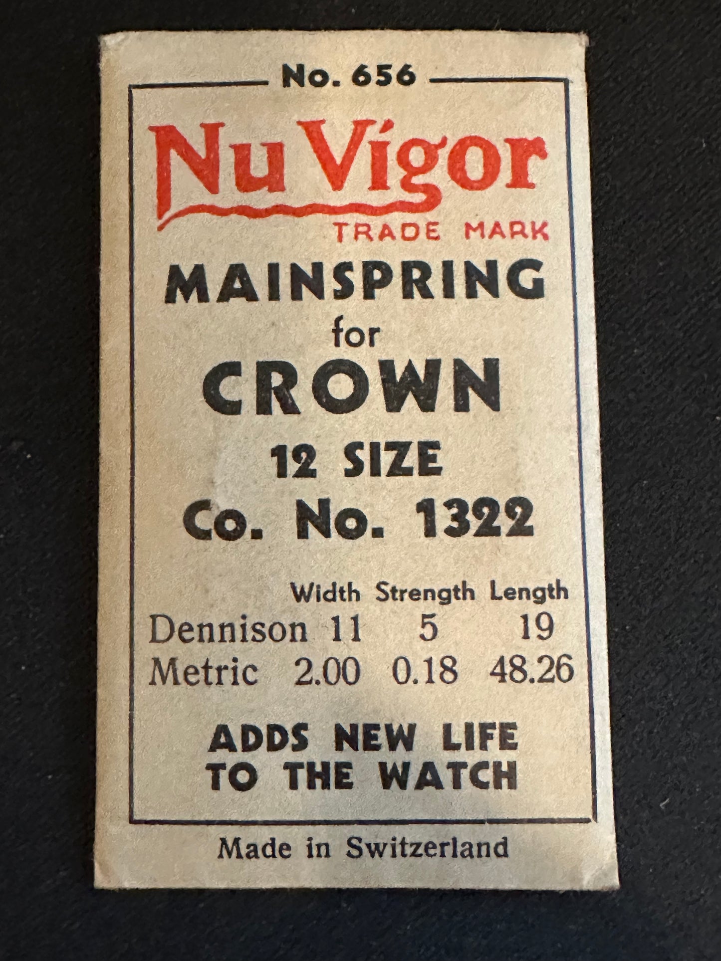 NuVigor Mainspring #656 for Crown (NY Standard) 12s No. 1322 - Steel