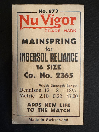 NuVigor Mainspring #873 for Ingersoll Reliance 16s No. 2365 - Steel