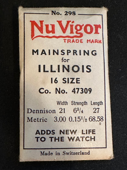 NuVigor Mainspring #298 for Illinois 16s Factory No. 47309 - Steel