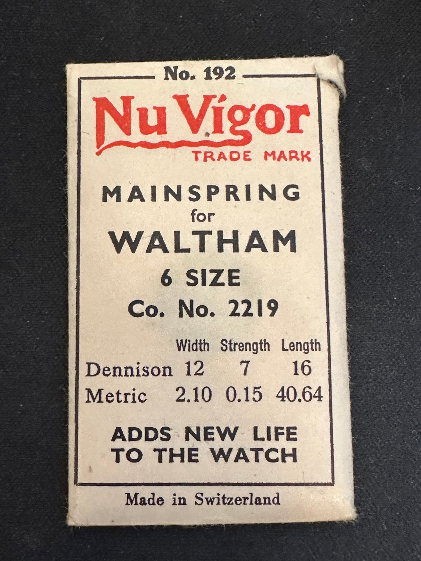 NuVigor Mainspring #192 for 6s Waltham Factory No. 2219 - Steel