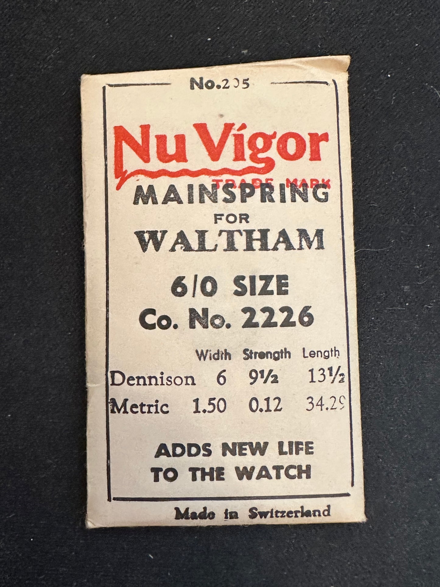 NuVigor Mainspring #205 for Waltham 6/0s Model 1898 No. 2226 - Steel