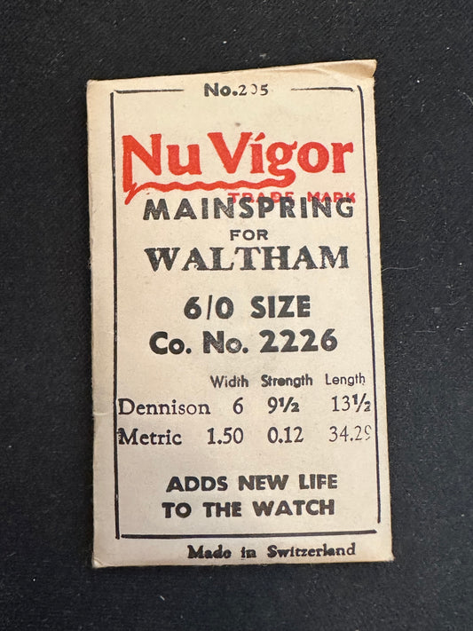 NuVigor Mainspring #205 for Waltham 6/0s Model 1898 No. 2226 - Steel