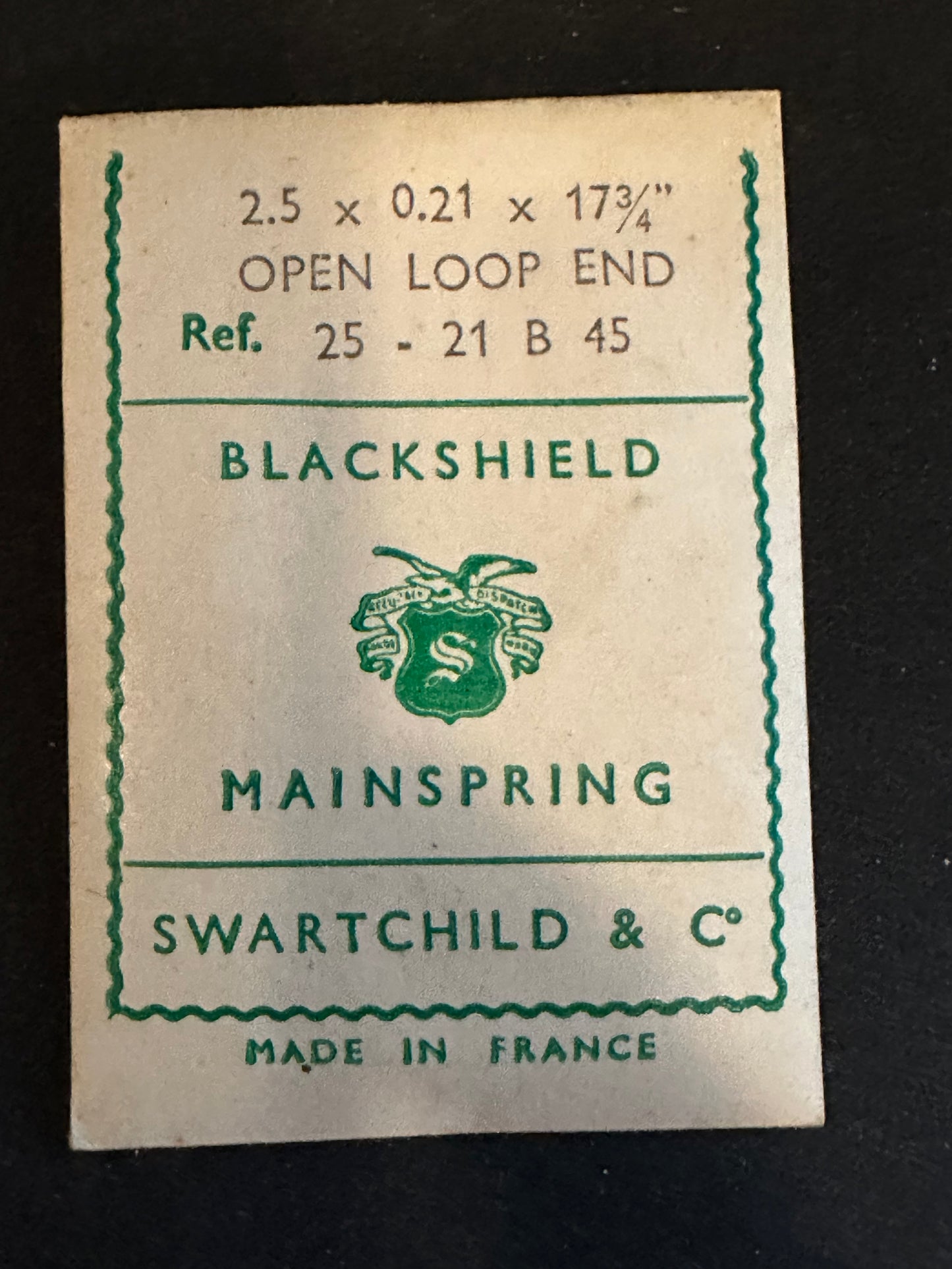 Swartchild Black Shield Clock Mainspring 2.5 x .21 mm x 17¾" Ref 25-21 B 45