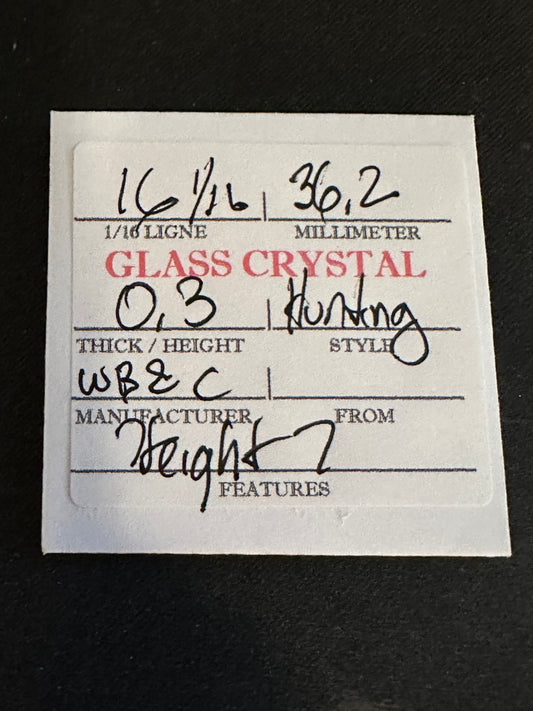 W. B. & C. Vintage Glass Hunting Case Watch Crystal 16-1/16 (~36.2mm) - NOS