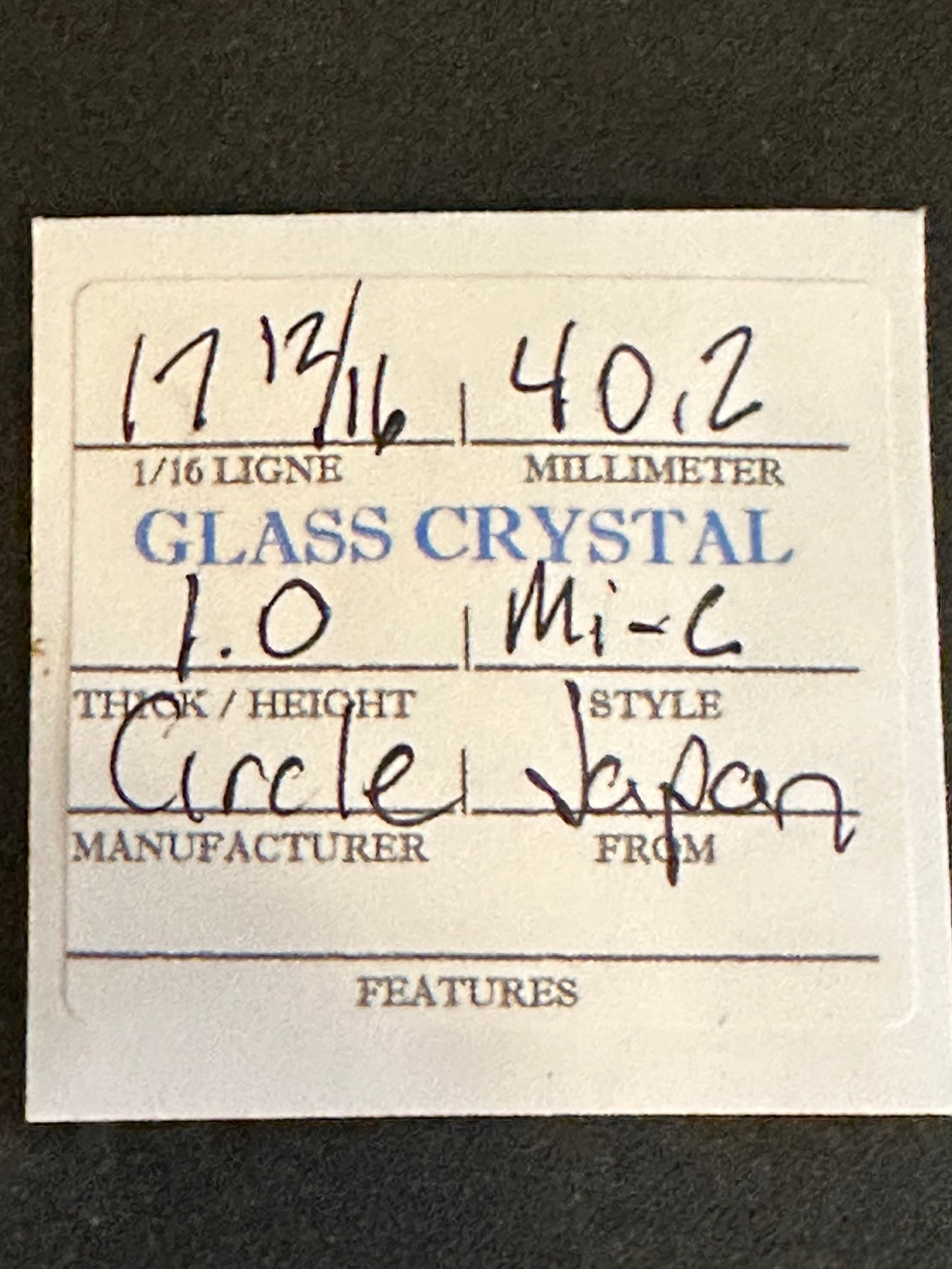 Circle Brand Vintage Glass Watch Crystal 17-12/16 (40.2mm) - NOS