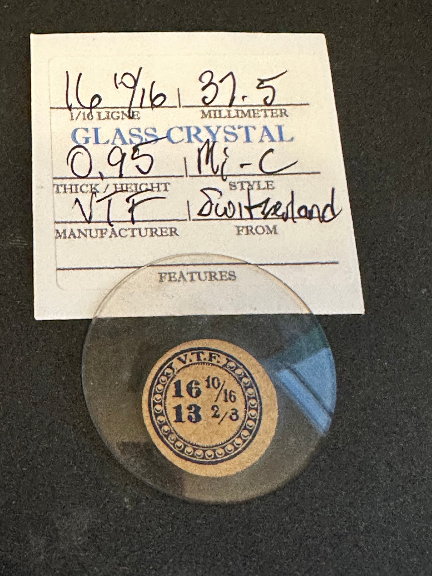 VTF Vintage Glass Pocket Watch Crystal 16-10/16 (~37.5mm) - NOS