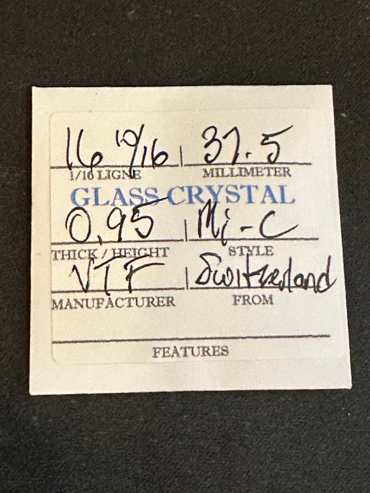 VTF Vintage Glass Pocket Watch Crystal 16-10/16 (~37.5mm) - NOS