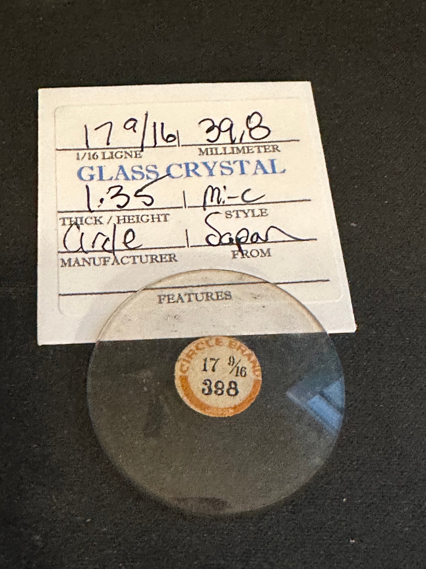 Circle Brand Vintage Glass Watch Crystal 17-9/16 (39.8mm) - NOS