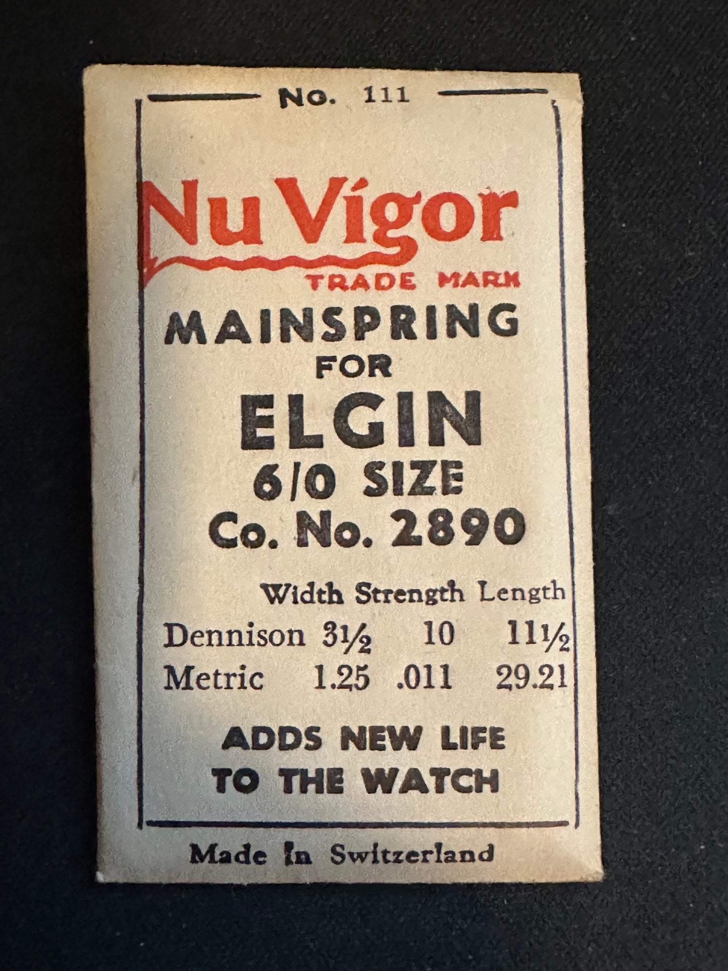 NuVigor Mainspring #111 for Elgin 5/0s & 6/0s Factory No. 2890 - Steel