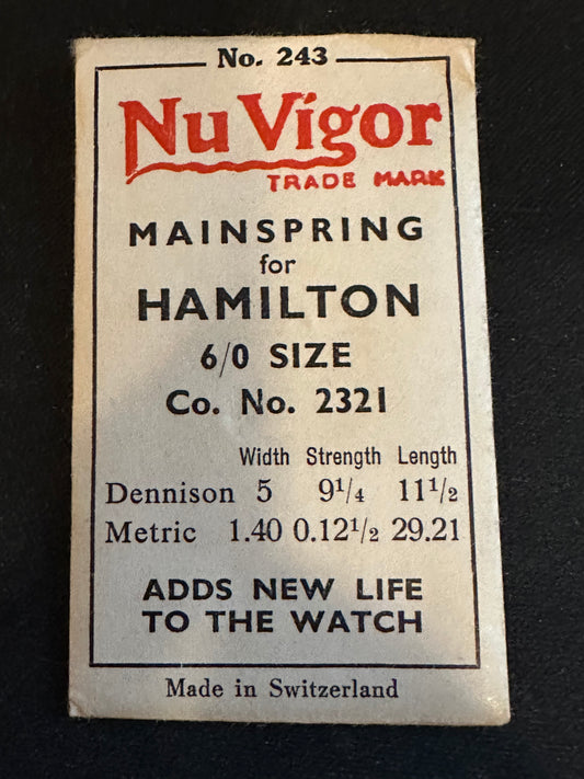 NuVigor Mainspring #243 for Hamilton 6/0s Factory No. 2321  - Steel