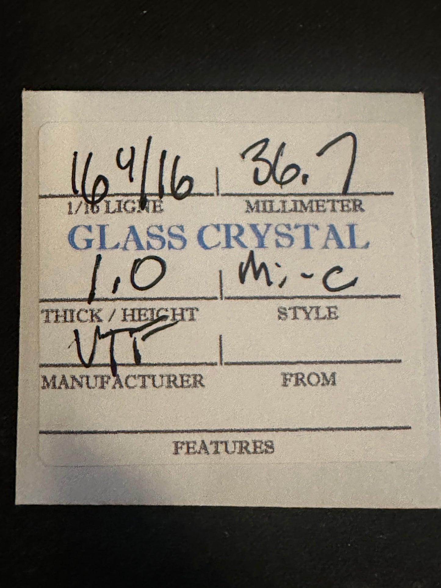 VTF Vintage Glass Pocket Watch Crystal 16-4/16 (~36.7mm) - NOS