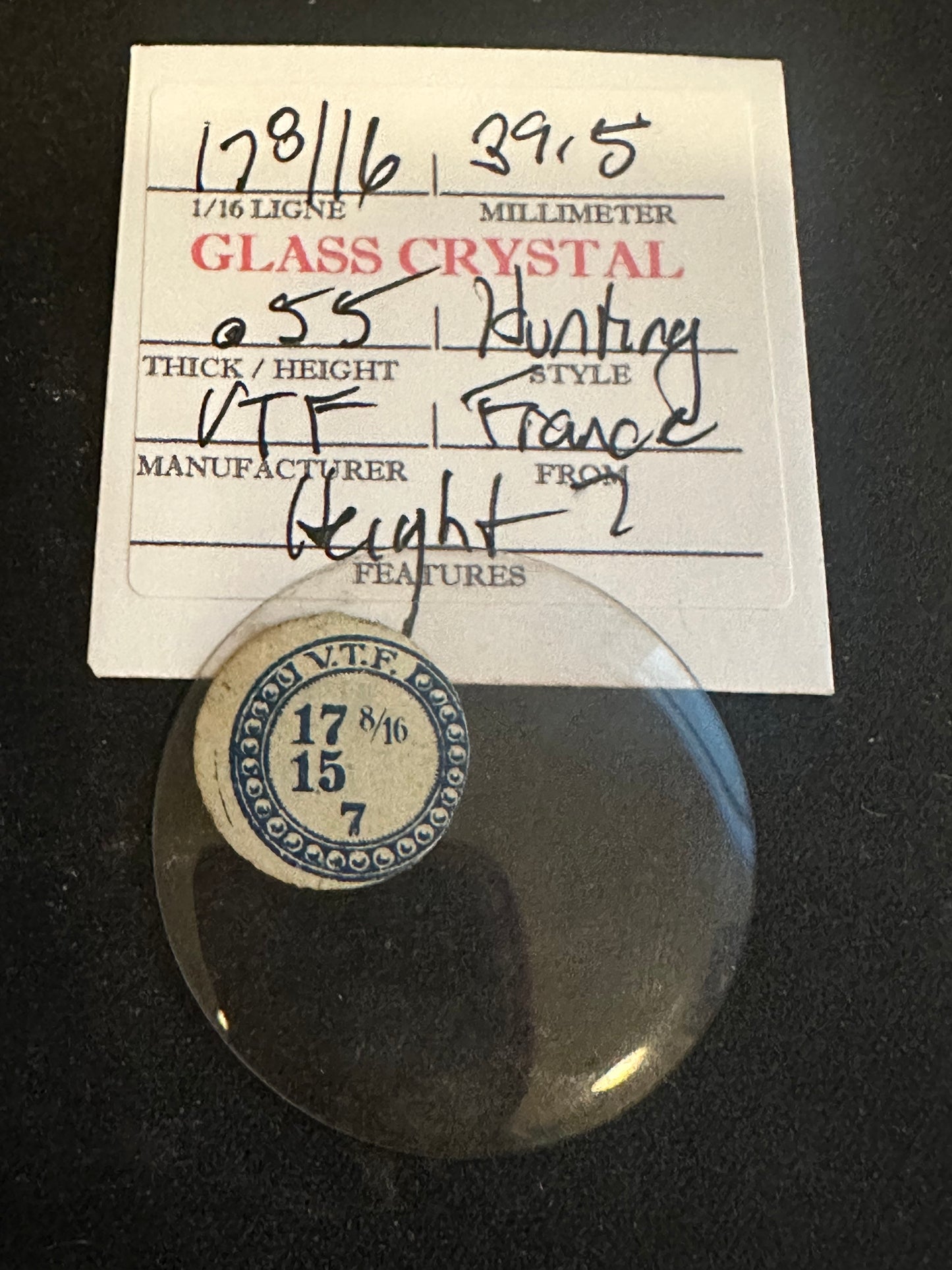 VTF Vintage Glass Hunting Case Watch Crystal 17-8/16 (~39.5mm) - NOS