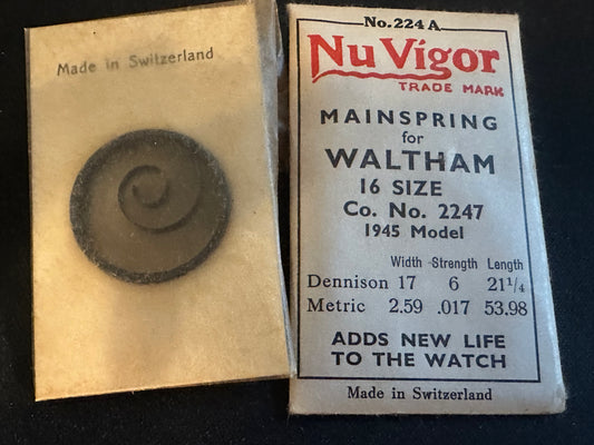 NuVigor Mainspring #224A for Waltham 16s 1945 Factory No. 2247 - Steel