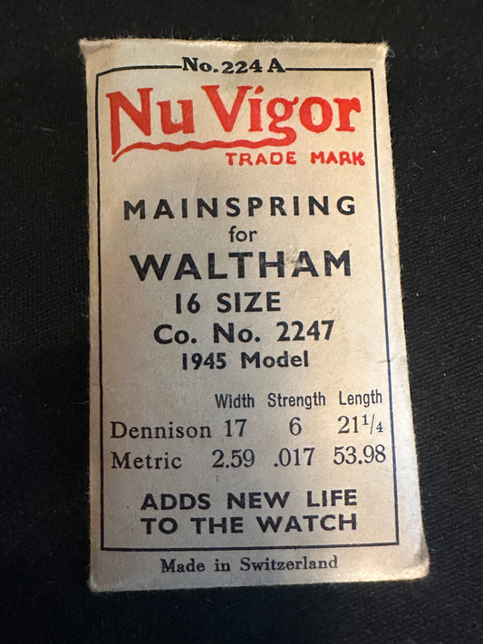 NuVigor Mainspring #224A for Waltham 16s 1945 Factory No. 2247 - Steel