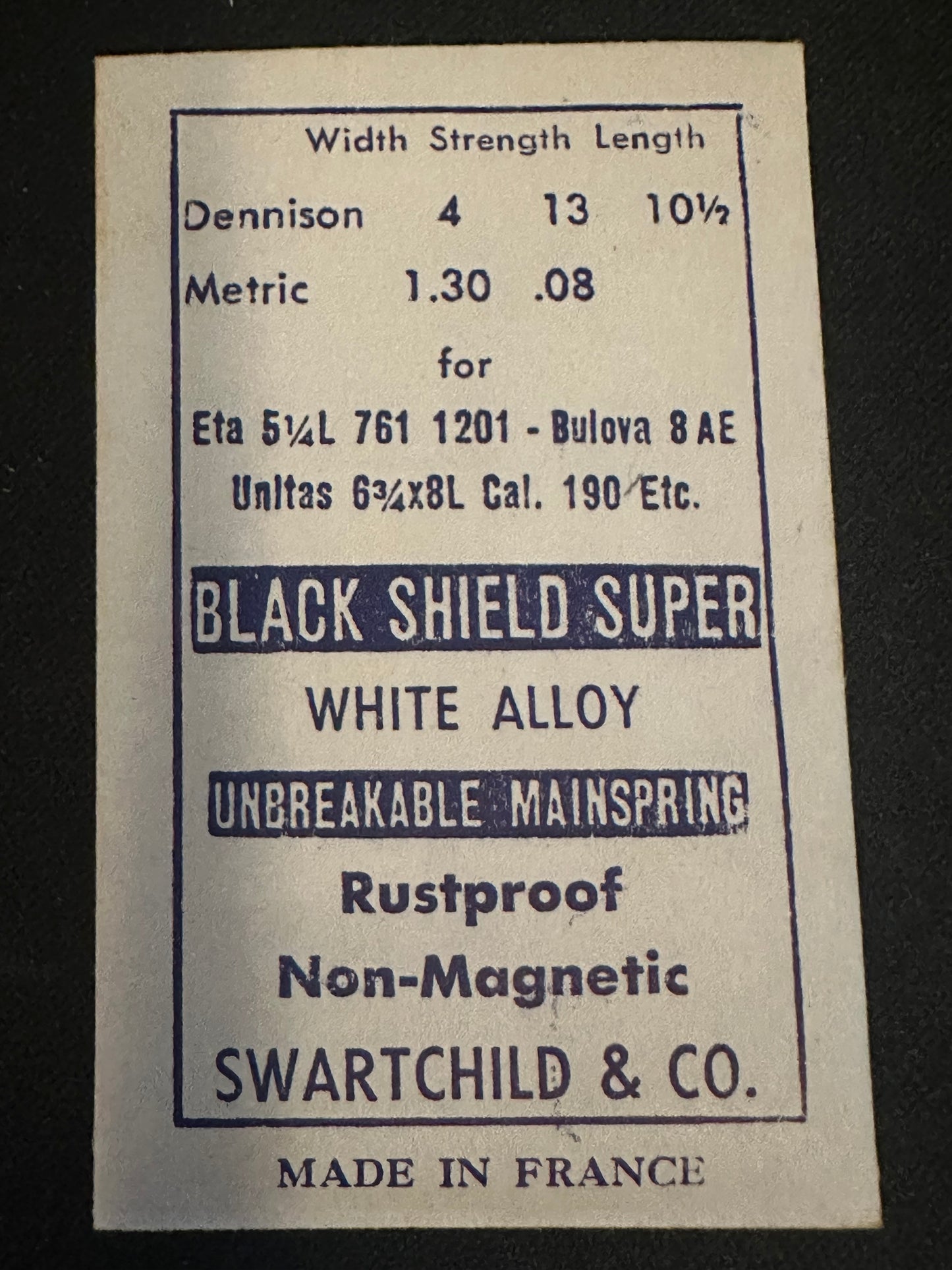 Swartchild Black Shield SUPER Mainspring for ETA 761, 1201, Bulova 8AE, Unitas 190 - Alloy