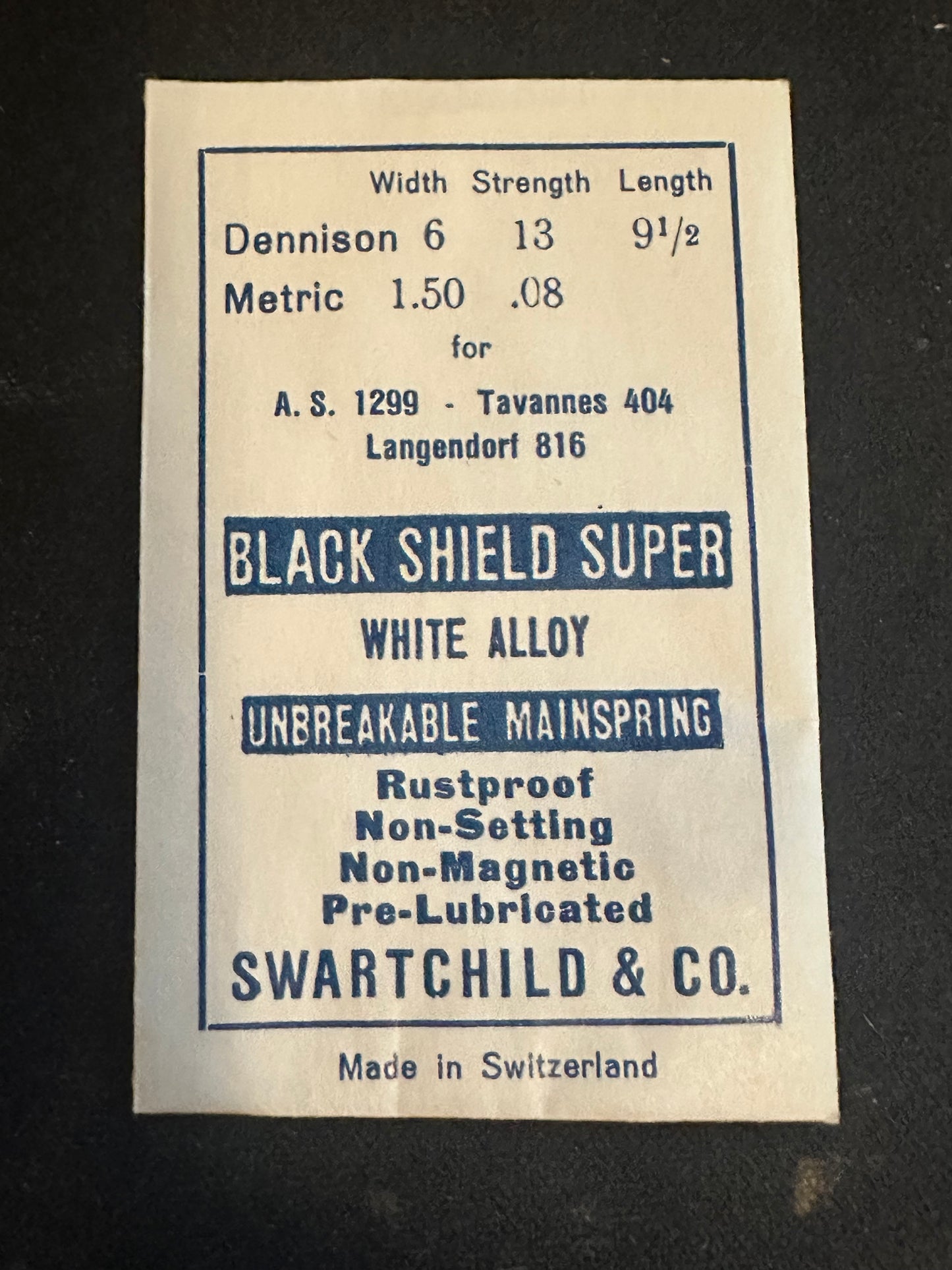 Swartchild Black Shield SUPER Mainspring for AS 1299, Tavannes 404, Langendorf 816 - Alloy