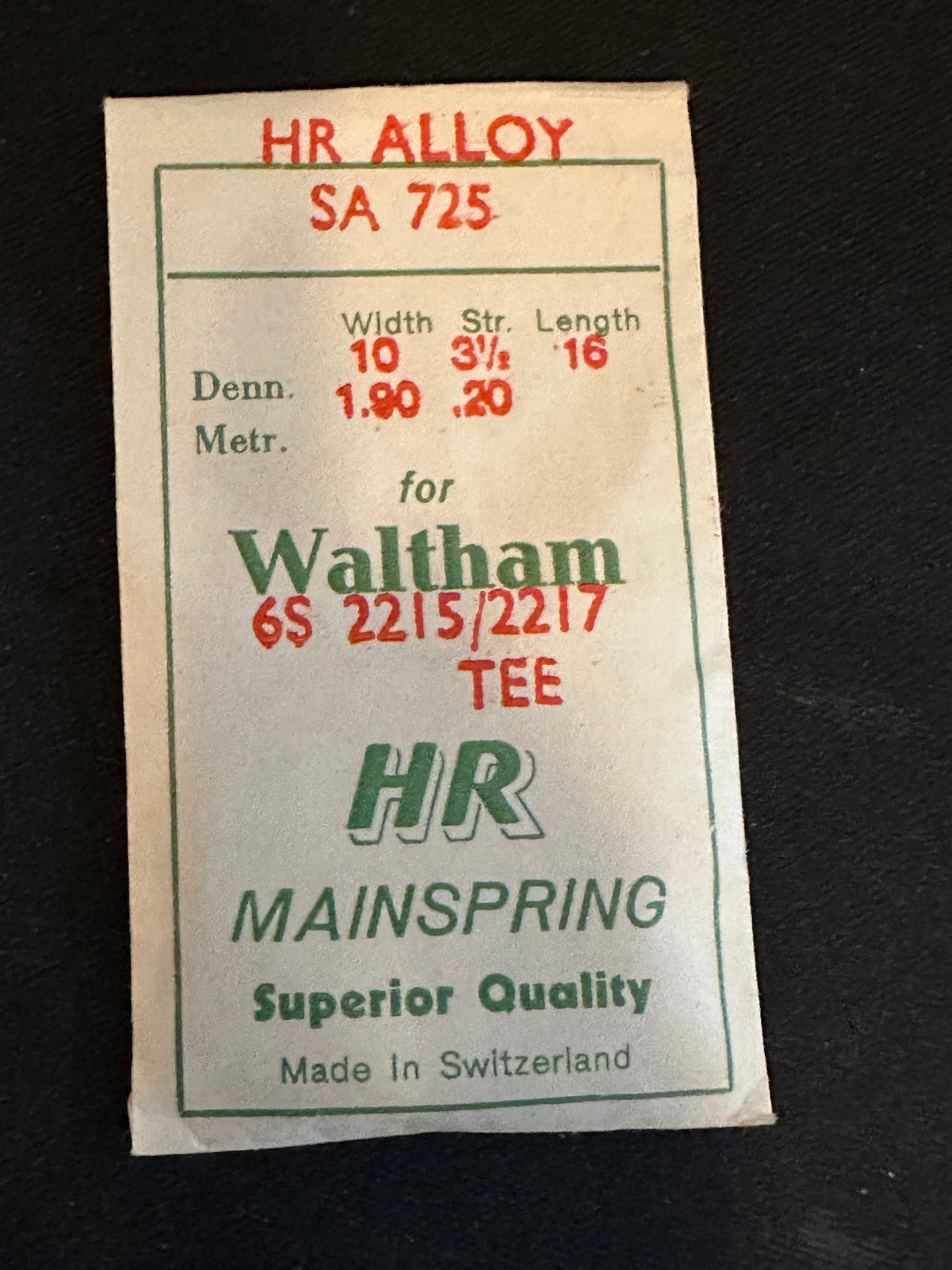 HR Mainspring SA725 for Waltham 6s movements No. 2215 / 2217 - Alloy