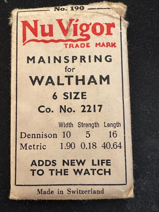NuVigor Mainspring #190 for Waltham 6s Factory No. 2217 - Steel
