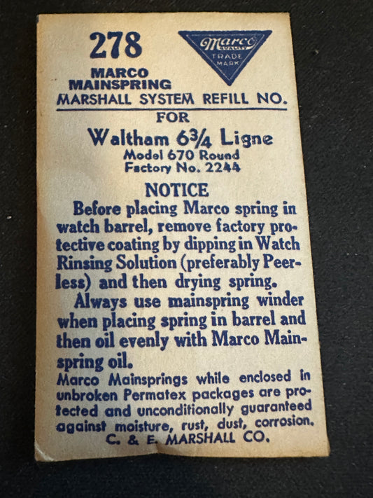 Marco Mainspring #278 for Waltham 6¾ Ligne Model 670 Factory No. 2244 - Steel