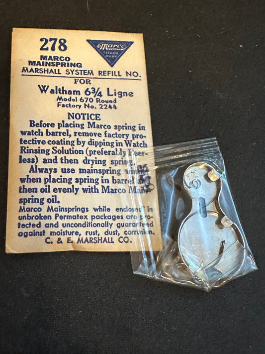 Marco Mainspring #278 for Waltham 6¾ Ligne Model 670 Factory No. 2244 - Steel
