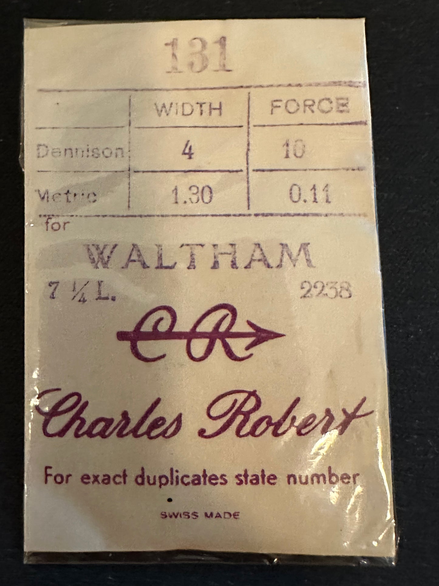 CR Mainspring #131 for Waltham 7¼ ligne Factory No. 2238 - Steel