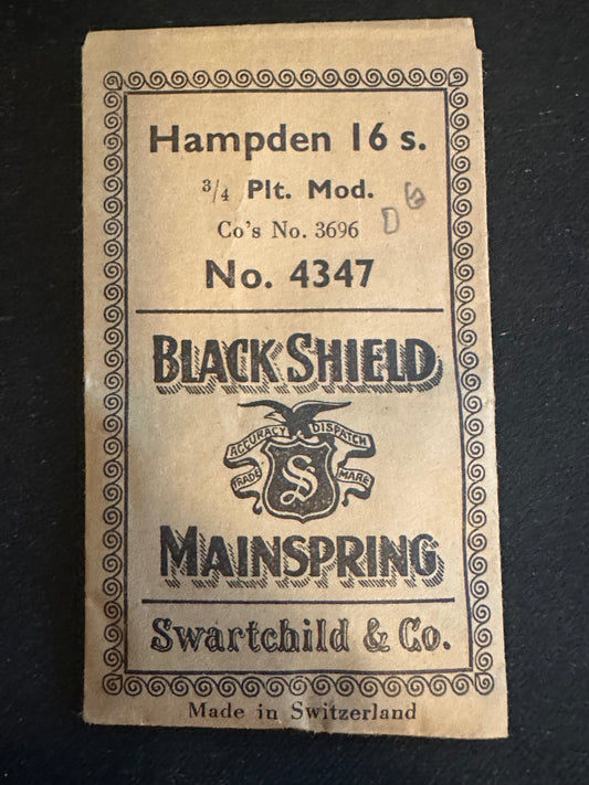 Swartchild Black Shield Mainspring #4347 for Hampden 16s No. 3696 - Steel