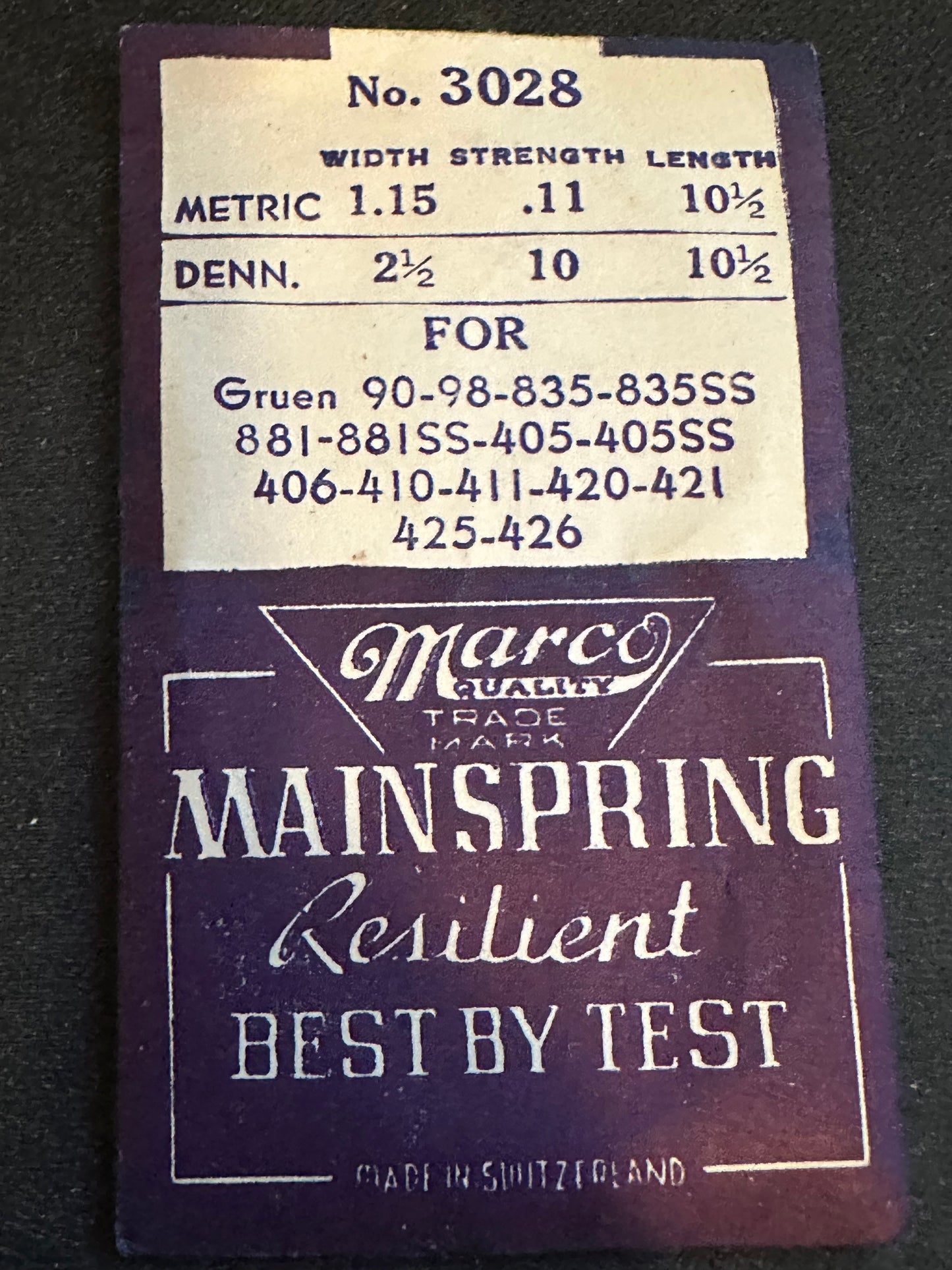 Marco Mainspring #3028 for Gruen 405, 405SS, 406, 410, 411, 420, 421, 425, 426 - Steel