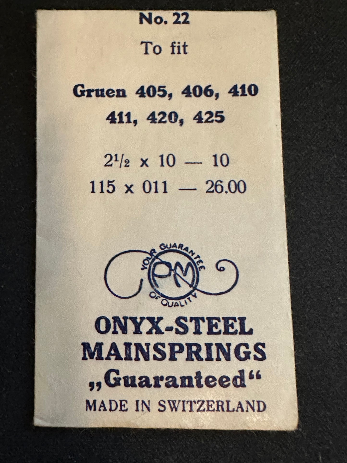 PM Mainspring No. 22 for Gruen caliber 405, 406, 410, 411, 420, 425 - ONYX Steel
