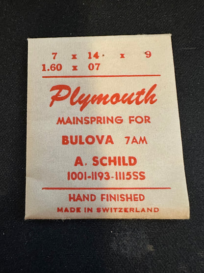 Plymouth Mainspring for Bulova 7AM, AS 1001, 1193, 1115SS - Steel