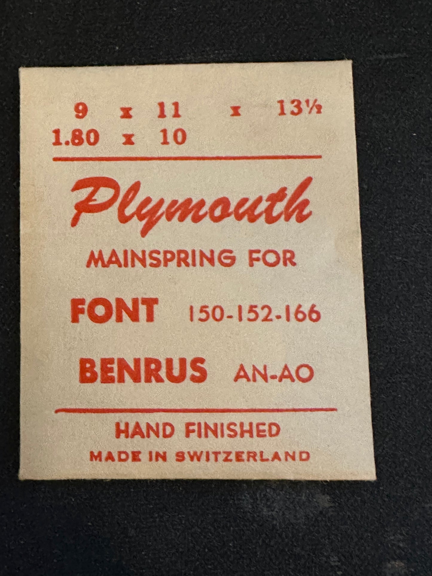 Plymouth Mainspring for Font caliber 150, 152, 166, Benrus caliber AN, AO - Steel