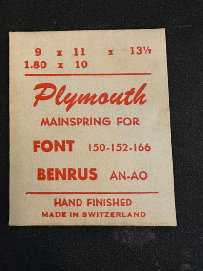 Plymouth Mainspring for Font caliber 150, 152, 166, Benrus caliber AN, AO - Steel
